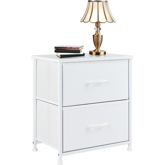 Simple Deluxe Nightstand 2 Drawers Dresser for Bedroom, 3-Tier Bedside Table with Fabric Bins, End Table for Living Room, wood top Load-bearing up to 44 lb, White
