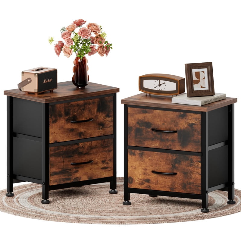 Simple Deluxe Nightstand 2 Drawers Dresser for Bedroom, 3-Tier Bedside Table with Fabric Bins, Night Stand Set 2, End Table for Living Room, wood top Load-bearing up to 44 lb