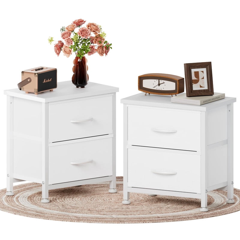 Simple Deluxe Nightstand 2 Drawers Dresser for Bedroom, 3-Tier Bedside Table with Fabric Bins, Night Stand Set 2, End Table for Living Room, wood top Load-bearing up to 44 lb