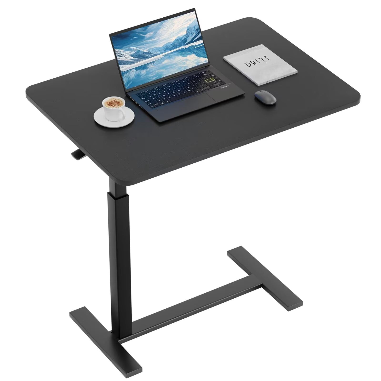 Simple Deluxe Overbed Bedside Table with Hidden Casters, Adjustable Pneumatic Mobile Laptop Computer Standing Desk, Rolling Laptop Table, Movable Overbed Table Hospital Home Use, Black