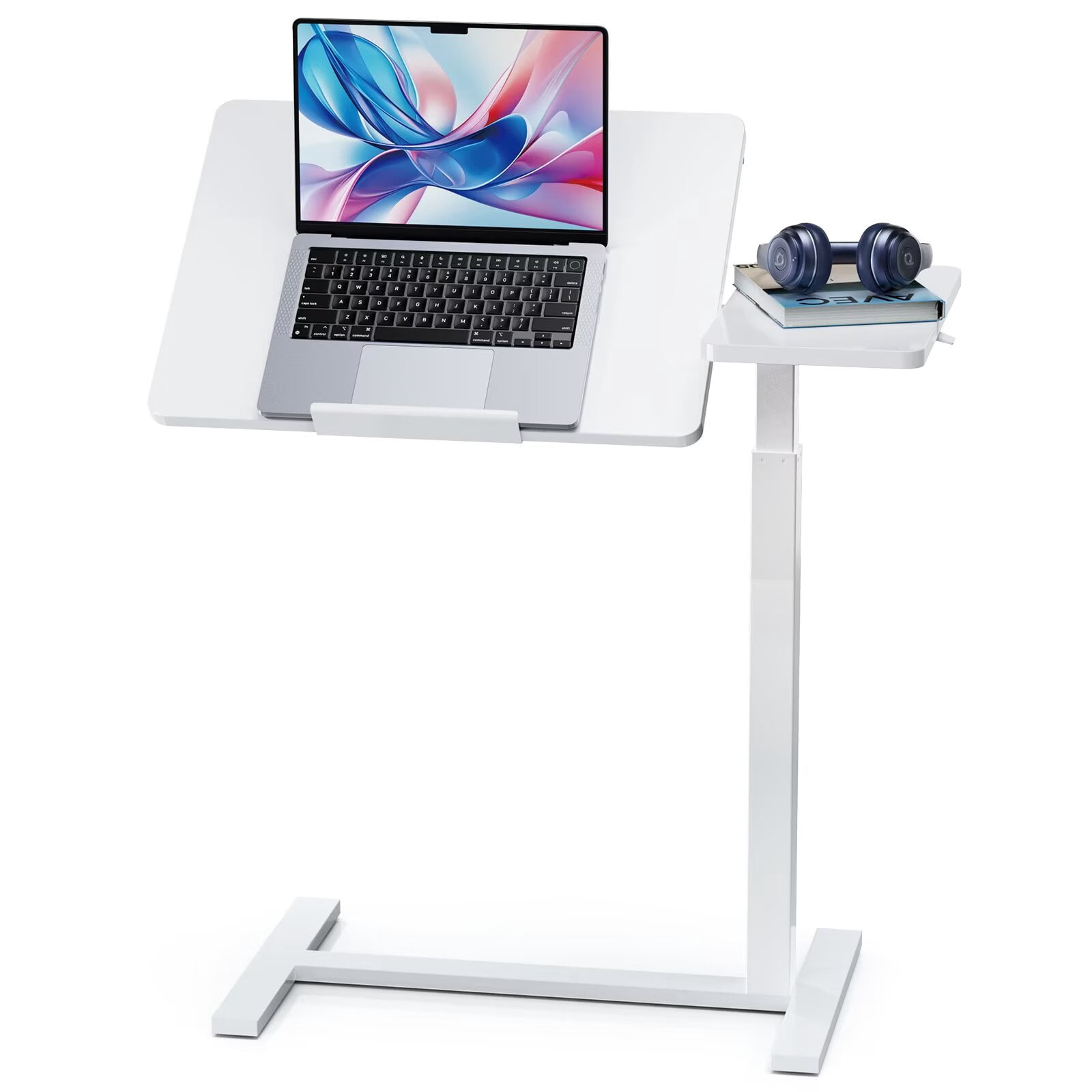 Simple Deluxe Overbed Bedside Table with Hidden Casters, Height Adjustable Desk with Tilting Top, Mobile Rolling Laptop Desk, Standing Rolling Desk Hospital Home Use, White