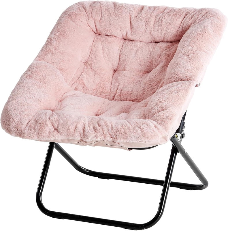 Simple Deluxe Oversized Square Moon Chair for Adults, Soft Faux Fur Folding Lounge Chair with Sturdy Steel Frame, Comfortable Reading Gaming Chair for Living Room, Bedroom, Pink