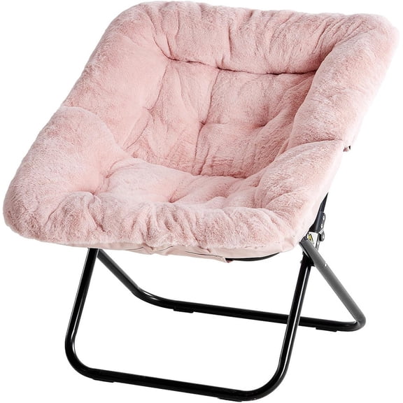 Simple Deluxe Oversized Square Moon Chair for Adults, Soft Faux Fur Folding Lounge Chair with Sturdy Steel Frame, Comfortable Reading Gaming Chair for Living Room, Bedroom, Pink