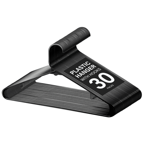 Simple Deluxe Plastic Hangers 30 Pack, Clothes Hangers with Non-Slip Hooks, Durable & Space Saving, Heavy Duty Skirt Hangers for Closet, Black