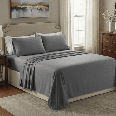 Simple Deluxe 4 Pieces Bed Sheet Set, Soft Microfiber Queen Sheets with 15" Deep Pocket, Grey