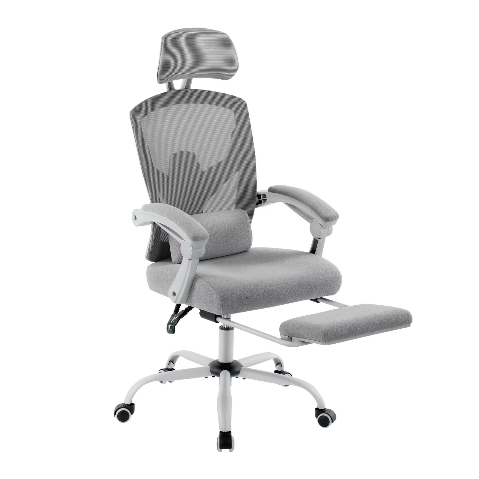 Simple Deluxe Retractable Footrest Ergonomic Swivel Office Chair with Lumbar Support Pillow and Padded Armrests, Grey