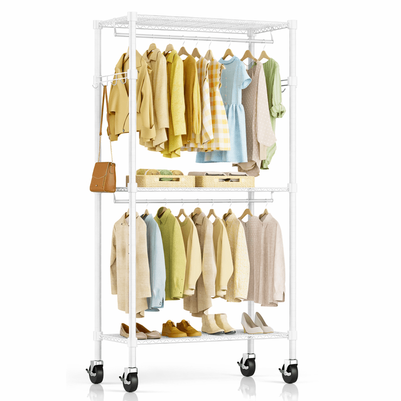 Simple Deluxe Rolling Clothes Rack, Heavy Duty Clothing Rack, 3-Shelf Portable Adjustable Wardrobe Closet with Wheels, Hanging Rods & Side Hooks, 29.5" W x 15.7" D x 75.6" H, White