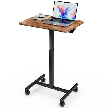 Simple Deluxe Standing Desk Small Rolling Desk with Lockable Wheels, Mobile Stand Up Desk Adjustable Height, Portable Laptop Desk, Small Computer Standing Table, Brown