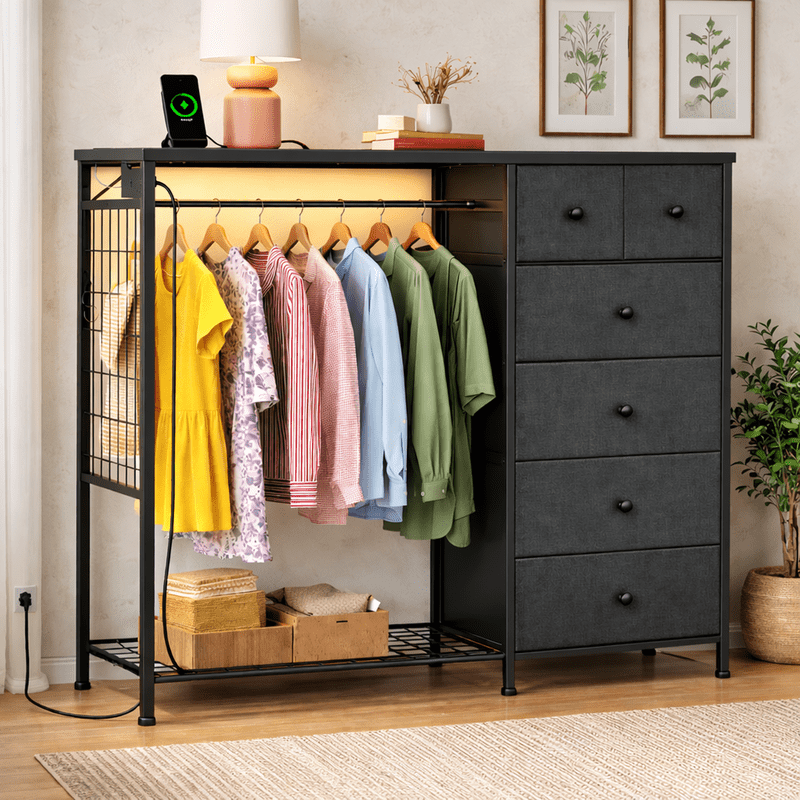 Simple Deluxe Storage Clothes Rack with 6 Drawers, Charging Station & LED Lights, Fabric Chest Shelves Clothing Rack, Wooden Portable Wardrobe Closet, 49.2" W x 15.7" D x 47.2" H, Gary