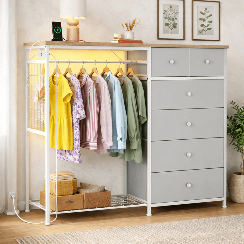 Simple Deluxe Storage Clothes Rack with 6 Drawers, Charging Station & LED Lights, Fabric Chest Shelves Clothing Rack, Wooden Portable Wardrobe Closet, 49.2" W x 15.7" D x 47.2" H, Silver