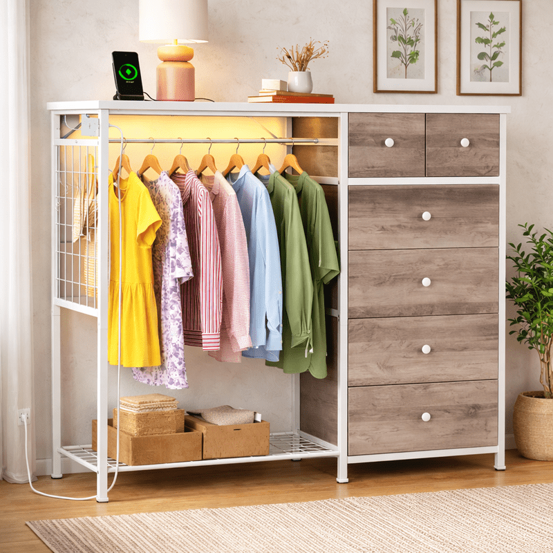 Simple Deluxe Storage Clothes Rack with 6 Drawers, Charging Station & LED Lights, Fabric Chest Shelves Clothing Rack, Wooden Portable Wardrobe Closet, 49.2" W x 15.7" D x 47.2" H, Brown
