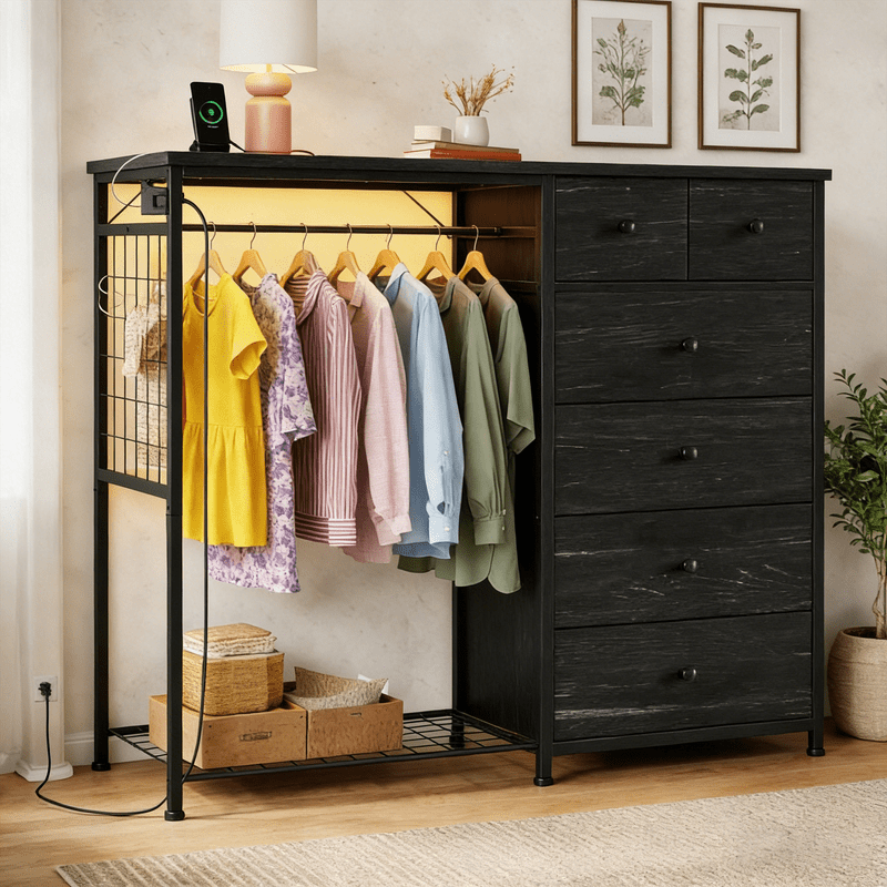 Simple Deluxe Storage Clothes Rack with 6 Drawers, Charging Station & LED Lights, Fabric Chest Shelves Clothing Rack, Wooden Portable Wardrobe Closet, 49.2" W x 15.7" D x 47.2" H, Black