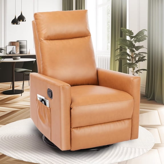 Simple Deluxe Swivel Recliner Chair, Rocker Glider Chair for Living Room, Office Faux Leather Recliner Chair with Large Footrest, Upholstered Deep Seat Single Sofa Chair, High Back, Brown