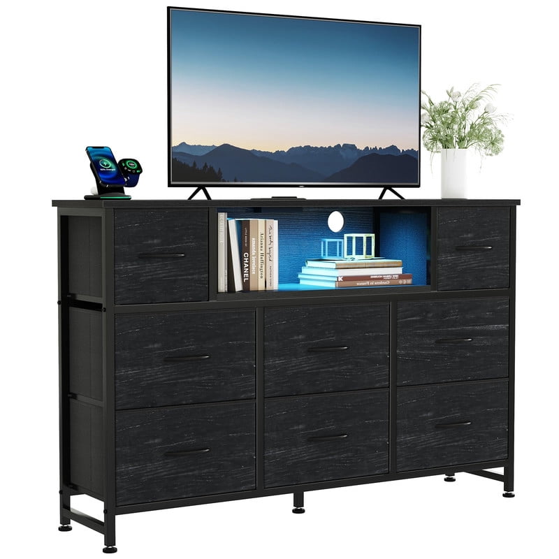 Simple Deluxe TV Stand Dresser with 8 Fabric Drawers and Open Shelves, Entertainment Center with LED Lights & Charging Station, Wood Top for 45" -55" TV, for Bedroom/Living Room/Hallway, Wood Black