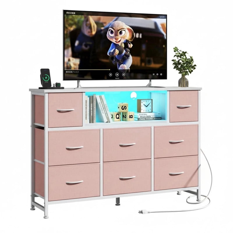 Simple Deluxe TV Stand Dresser with 8 Fabric Drawers and Open Shelves, Entertainment Center with LED Lights & Charging Station, Wood Top for 45" -55" TV, for Bedroom/Living Room/Hallway, Oak