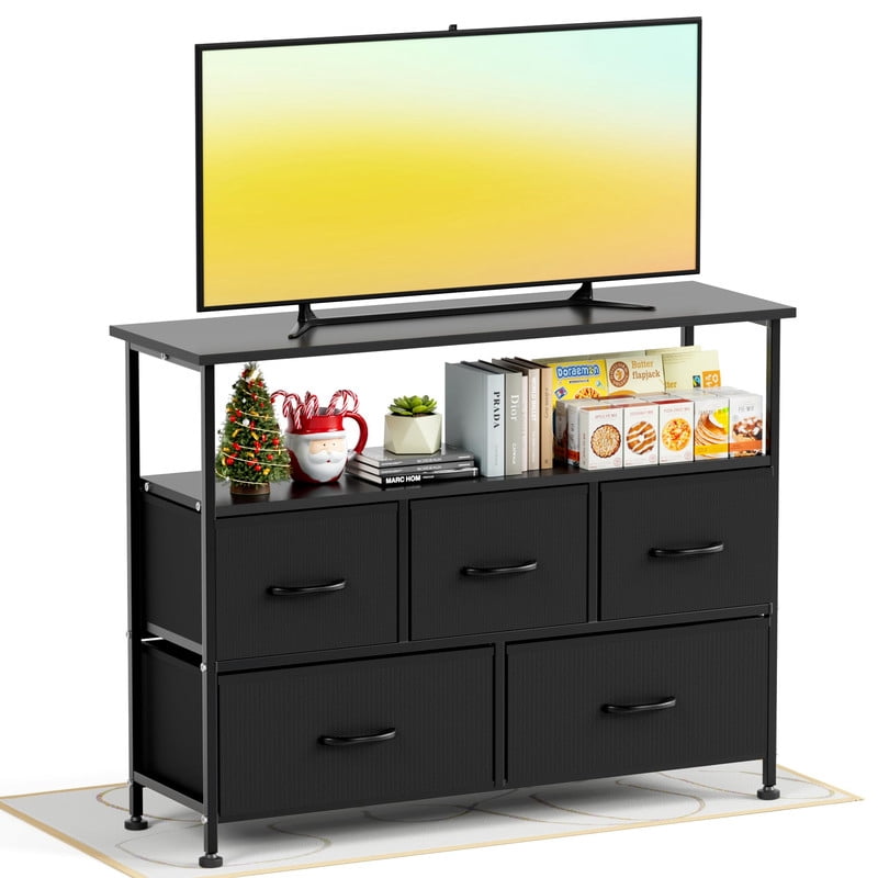 Simple Deluxe TV Stand Dresser for Bedroom Entertainment Center with 5 Fabric Drawers, Storage Organizers Units for Living Room, Media Console Table with Open Shelf up for 45" TV, Black, Black