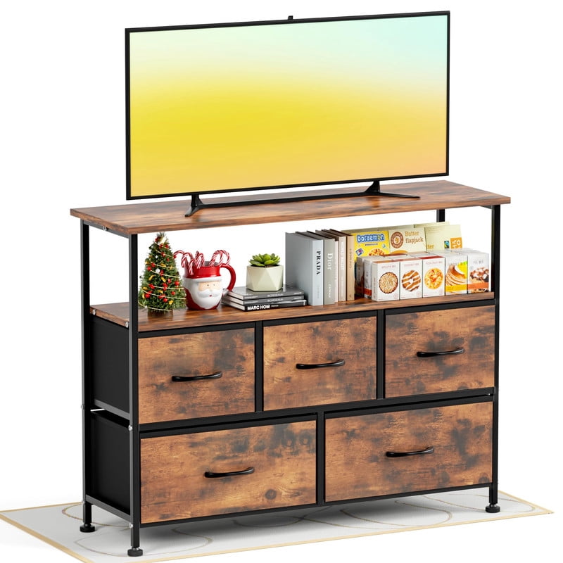 Simple Deluxe TV Stand Dresser for Bedroom Entertainment Center with 5 Fabric Drawers, Storage Organizers Units for Living Room, Media Console Table with Open Shelf up for 45" TV, Brown