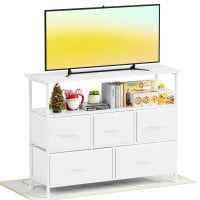 Simple Deluxe Adult TV Stand Dresser with 5 Fabric Drawers, Open Shelf and Wood Top for 45-Inch TV, White