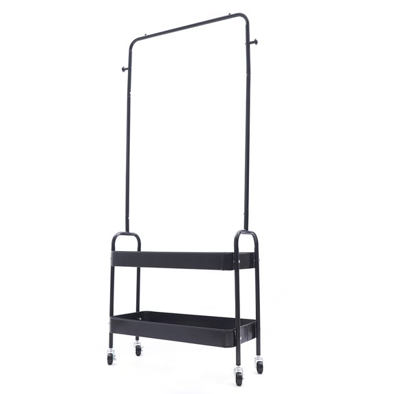 Simple Design 2-In 1 Garment Rack with Wheels Clothing Rack With 2 Tier Metal Basket Clothes Organizer Rack Laundry Cart with Hanging Rack for Home Bedroom (Black)