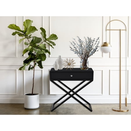 Simple Design Nightstand Cross-legged Wooden End Table Silver Handle Display Table for Rental Apartment Dining Table Snack Table Black