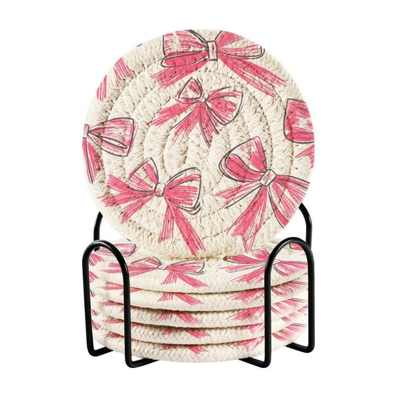 Simple Design Pink Bow Drink Coasters with Holder Absorbent Coaster for Coffee Table Room Decor 6 Pack