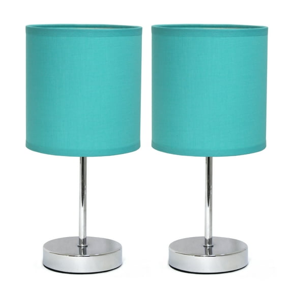Simple Designs 11.81" 2-Pack Basic Chrome Mini Table Lamp Set with Fabric Shades, Blue