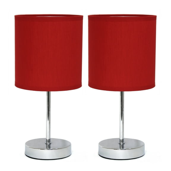 Simple Designs 11.81" 2-Pack Basic Chrome Mini Table Lamp Set with Fabric Shades, Red