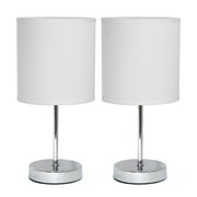 Simple Designs 11.81" 2-Pack Basic Chrome Mini Table Lamp Set with Fabric Shades, White