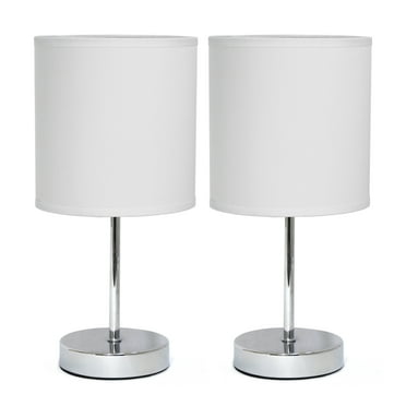 Simple Designs 11.81" 2-Pack Basic Chrome Mini Table Lamp Set with Fabric Shades, White