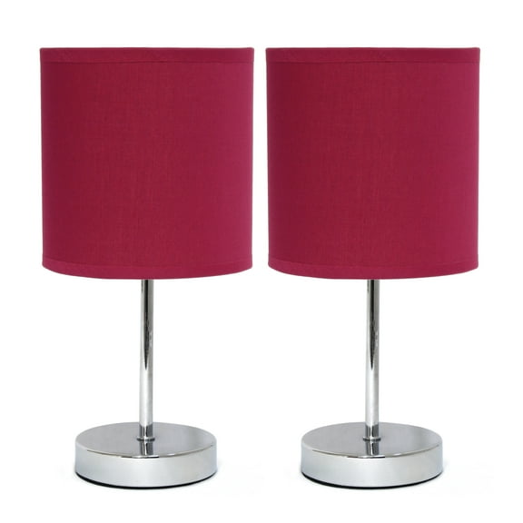 Simple Designs 11.81" 2-Pack Basic Chrome Mini Table Lamp Set with Fabric Shades, Wine Red