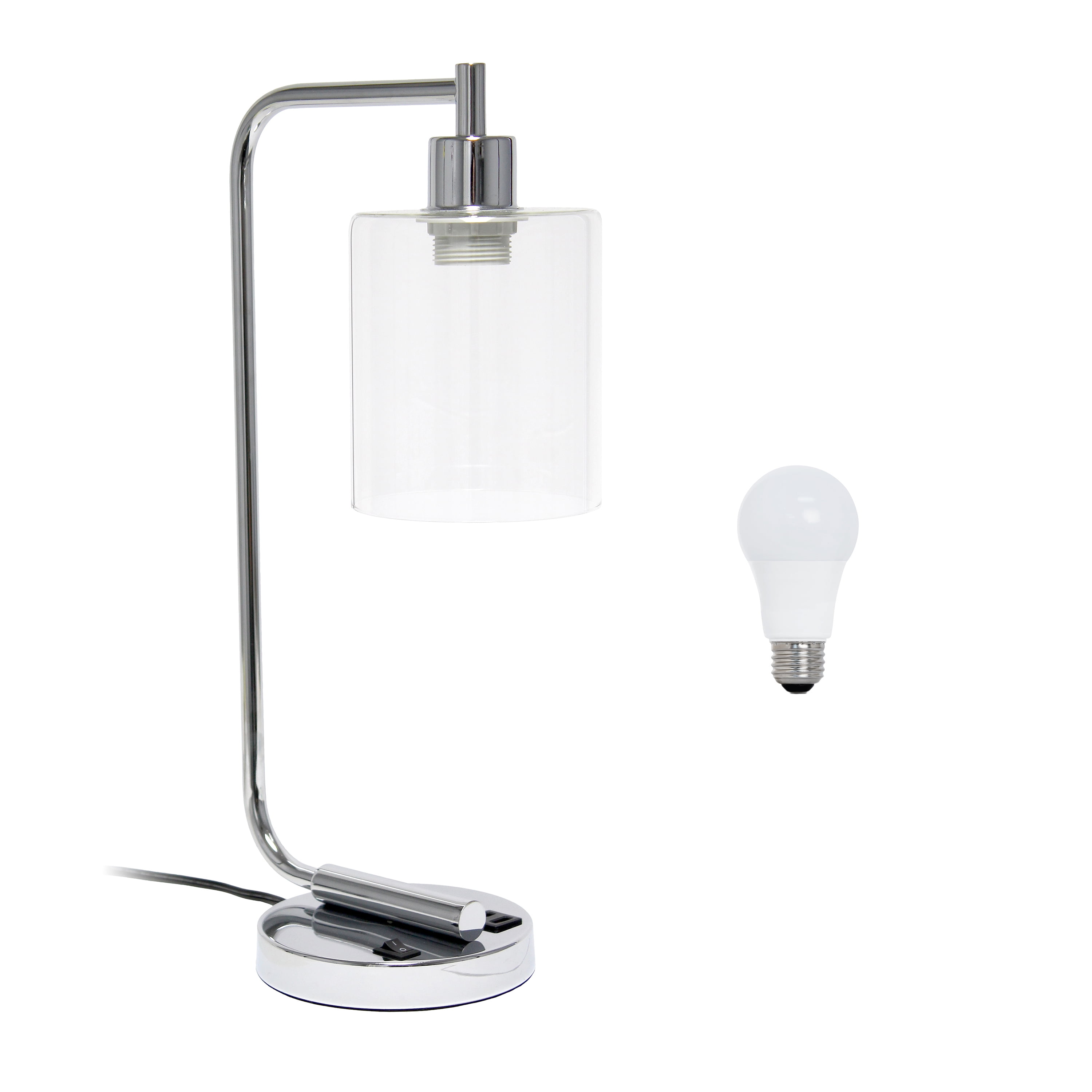 18.8" Chrome Industrial Iron Desk Lamp with Glass Shade and USB Port