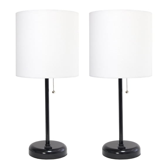 Simple Designs 19.5" 2-Pack Black Stick Table Lamp Set with Charging Outlet, White Shades