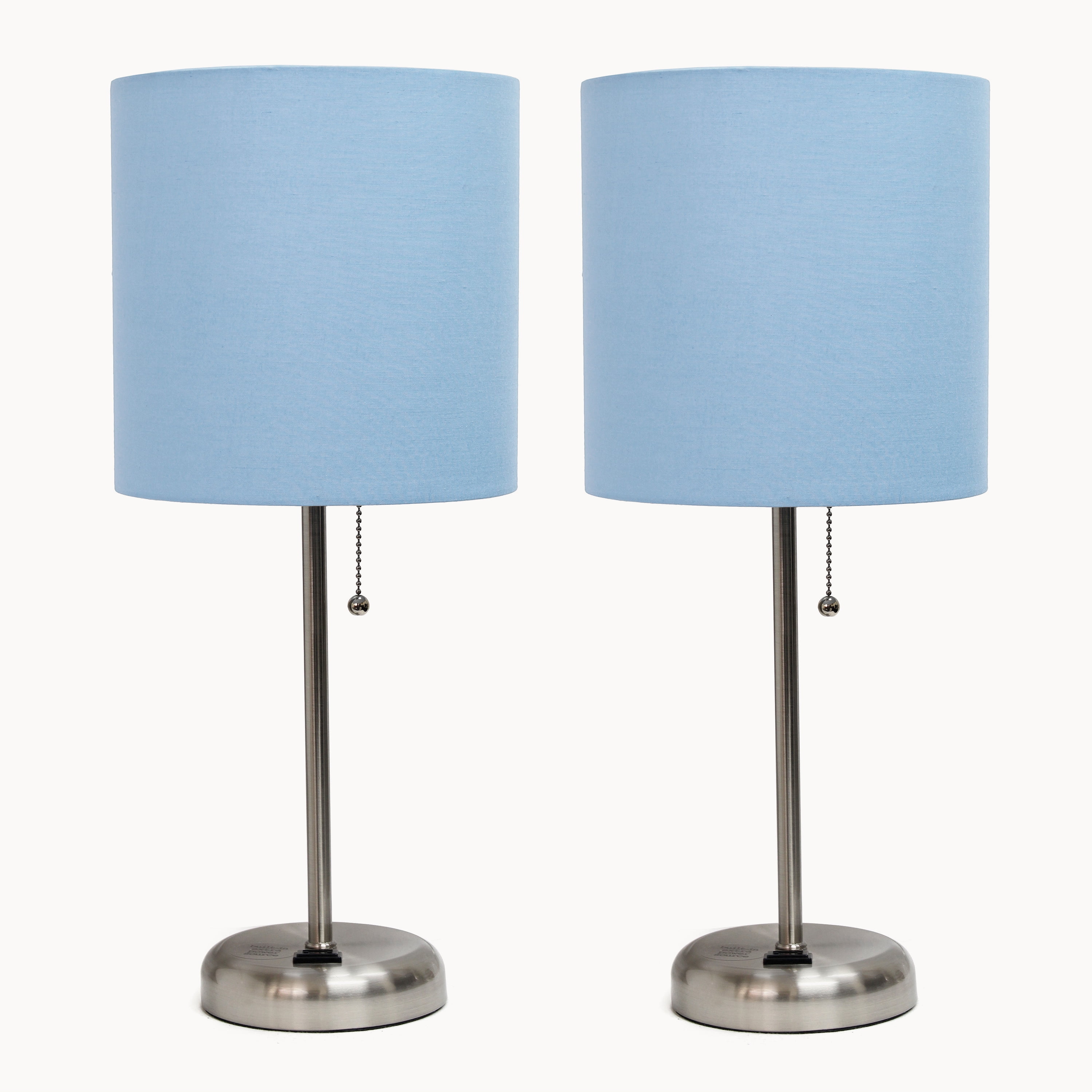 Blue Fabric Shade Table Lamp Set with Charging Outlet, 19.5"