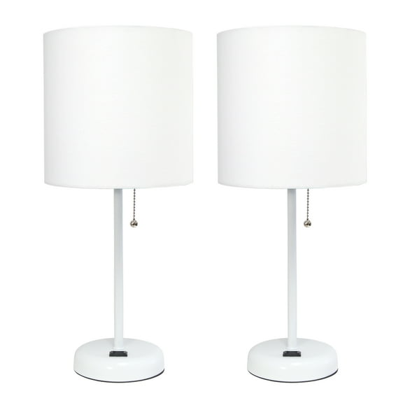 Simple Designs 19.5" 2-Pack Stick Table Lamp Set with Charging Outlet, White Shades