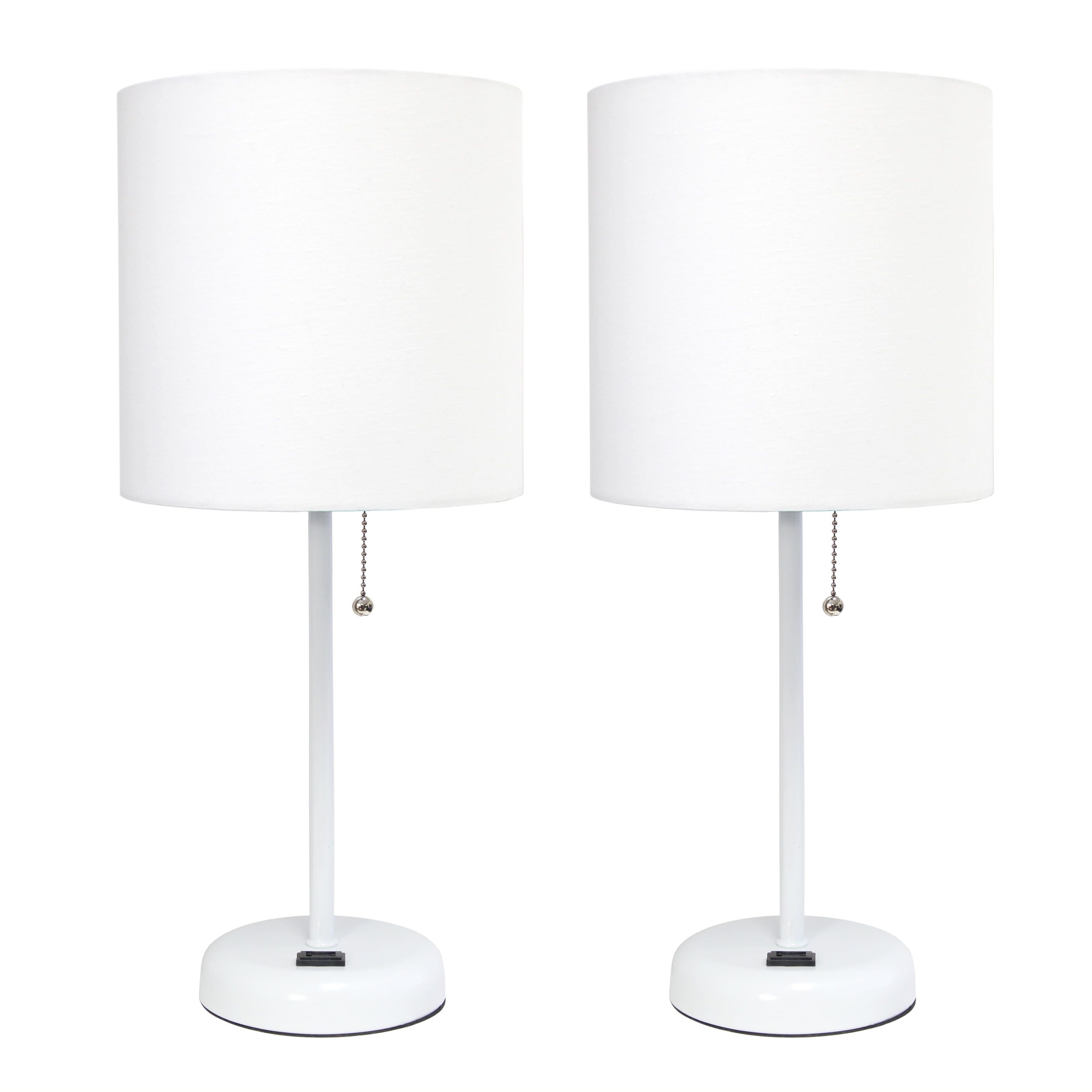 White Fabric Shade Stick Table Lamp Set with Charging Outlet