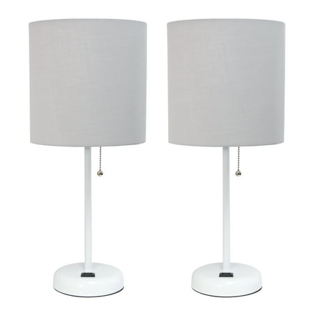 Limelights - Stick Lamp with Charging Outlet and Fabric Shade 2 Pack Set - White/Gray
