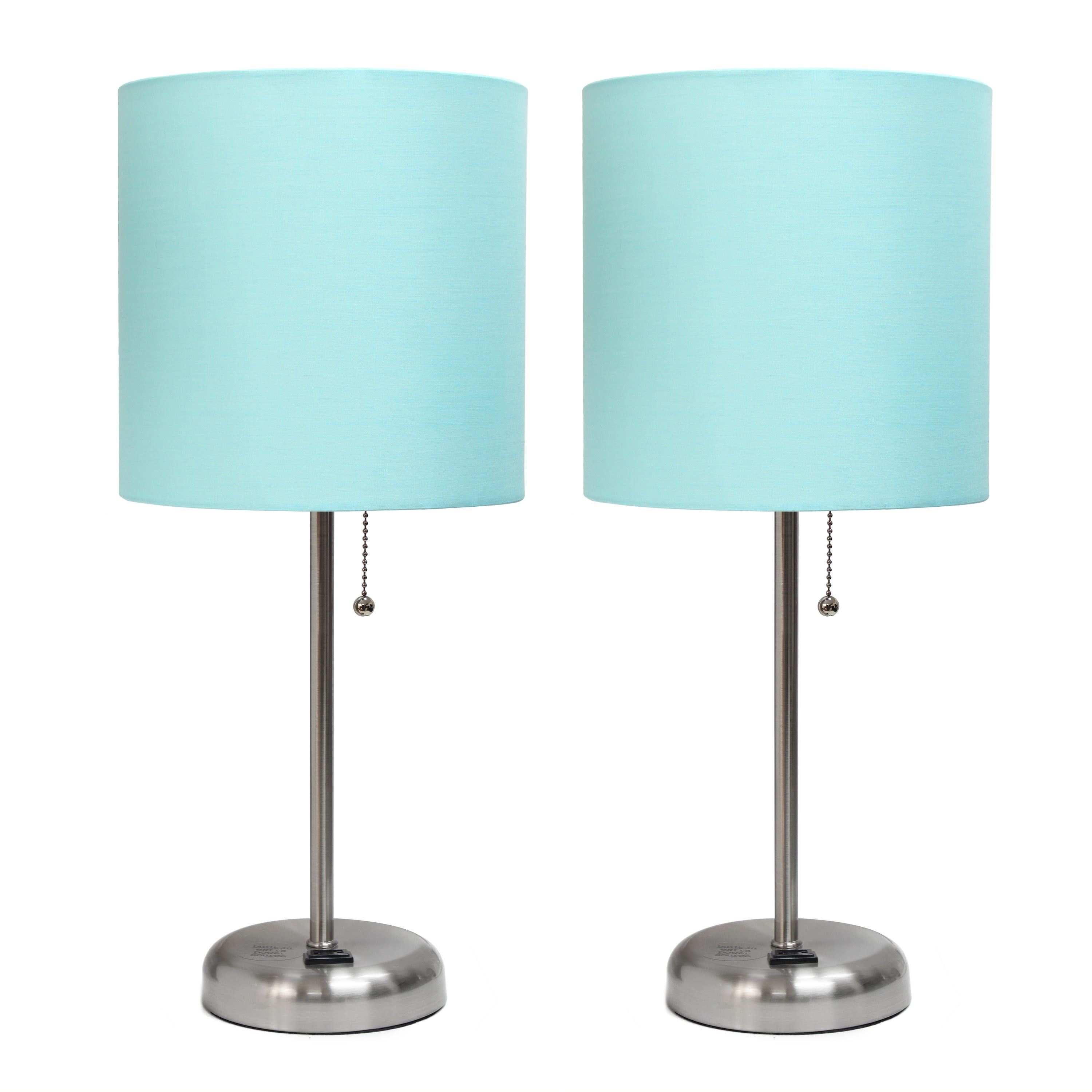Aqua Fabric Shade Brushed Steel Table Lamp Set with Charging Outlet