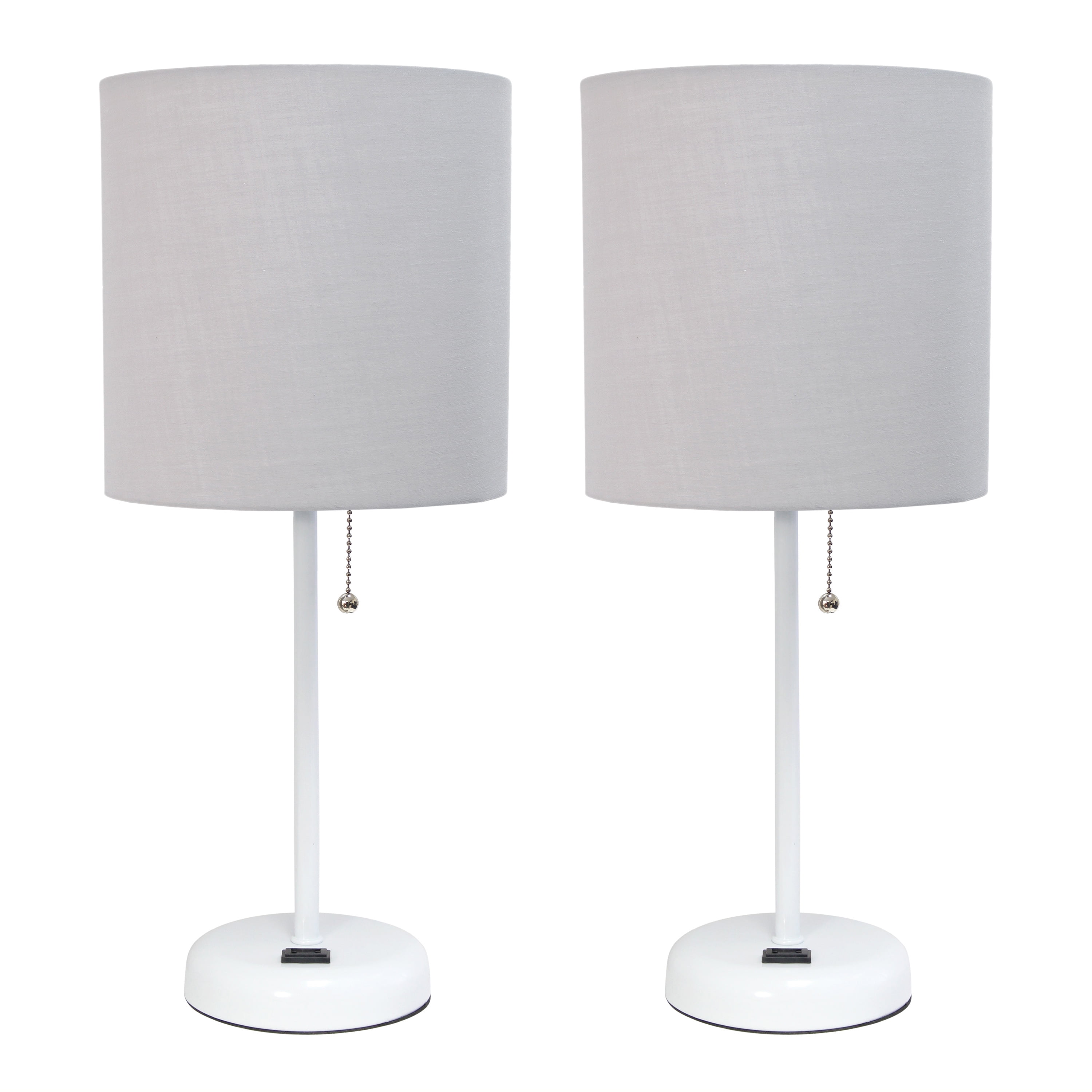 Gray Fabric Shade White Stick Table Lamp Set with Charging Outlet