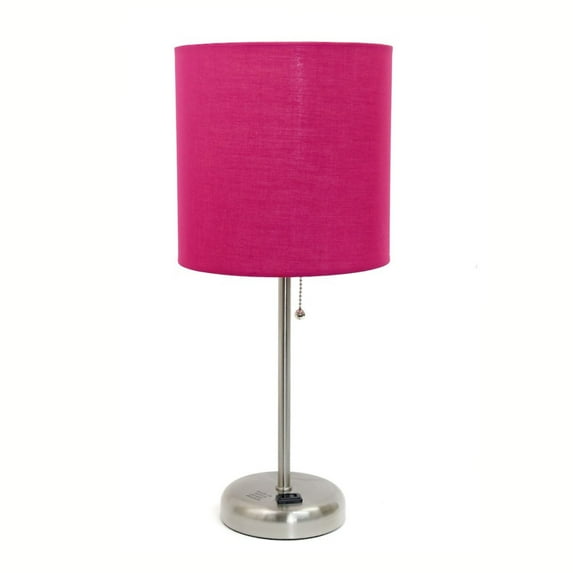 19.5" Brushed Steel Table Lamp with Charging Outlet, Pink Shade