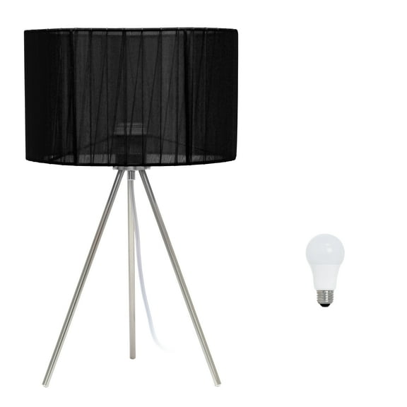 Simple Designs 19.69" Brushed Nickel Tripod Table Lamp and Pleated Silk Sheer Shade with LED Bulb, Black