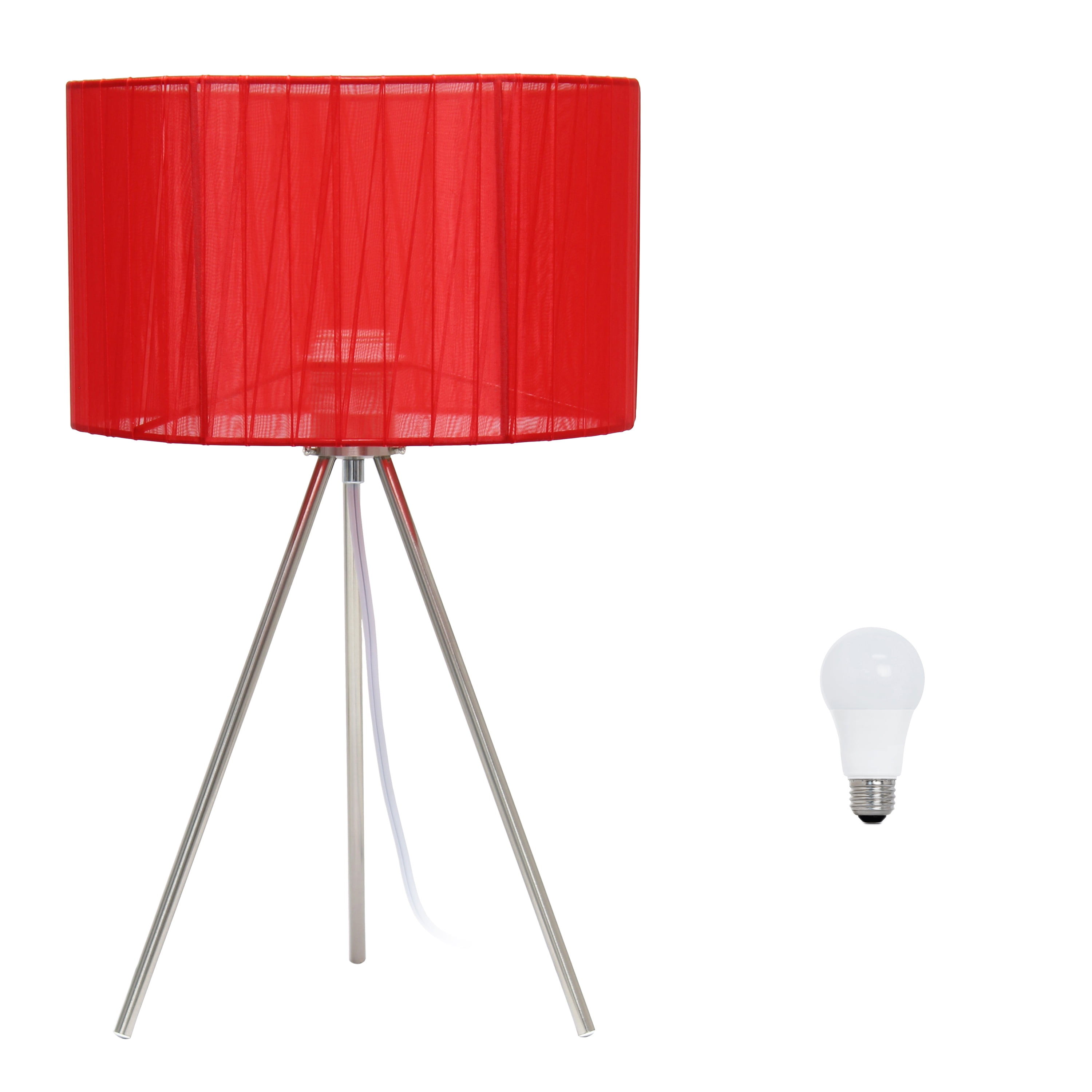 Simple Designs 19.69" Brushed Nickel Tripod Table Lamp and Pleated Silk Sheer Shade with LED Bulb, Red