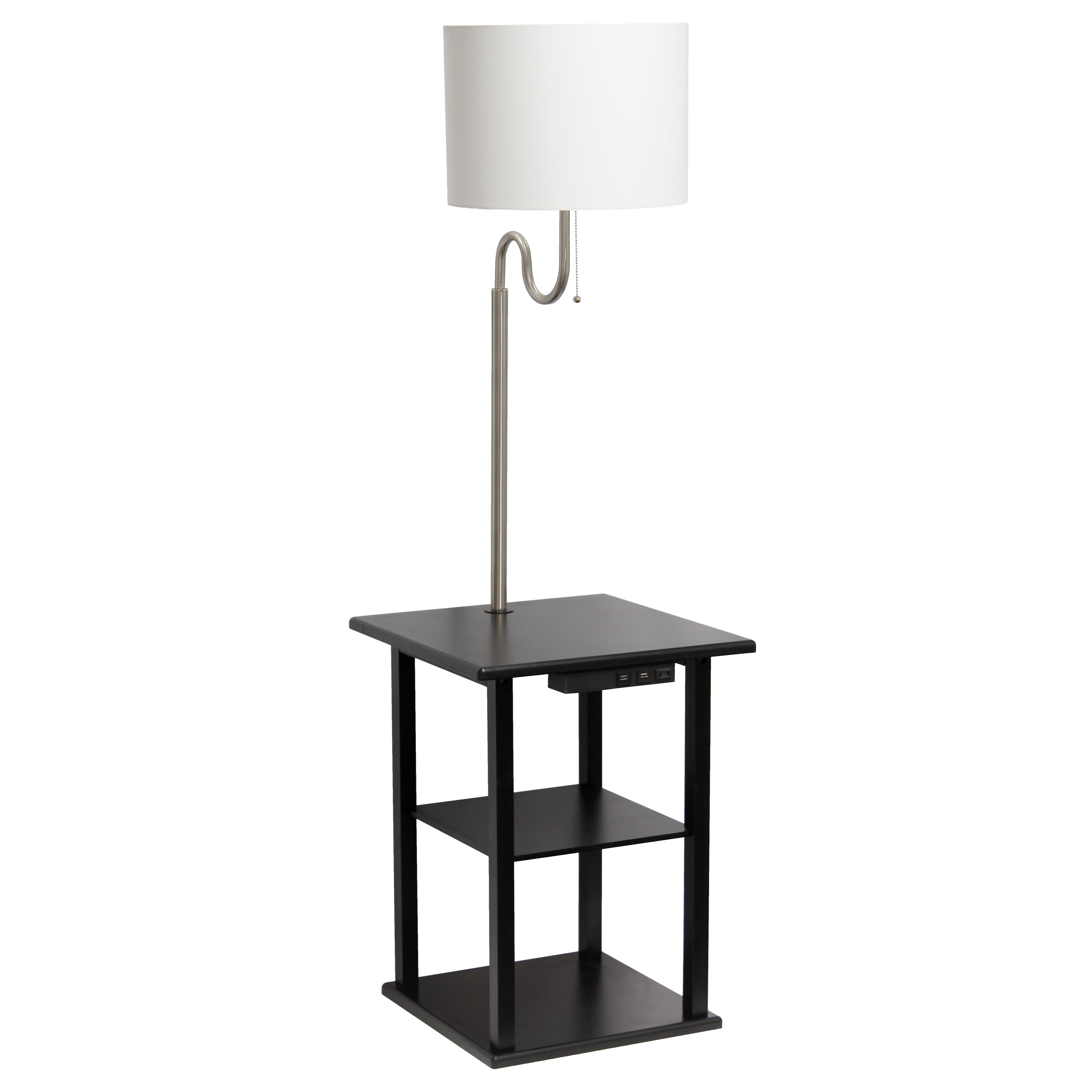 57" Black Modern 2-Tier End Table Floor Lamp with USB Ports