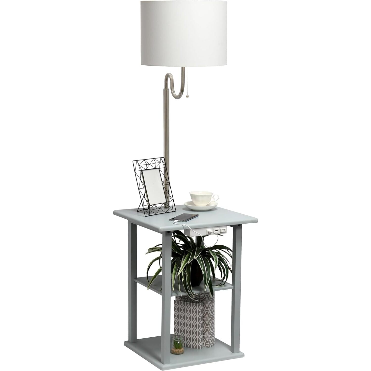 Gray 57" Modern 2-Tier End Table Floor Lamp with USB Ports