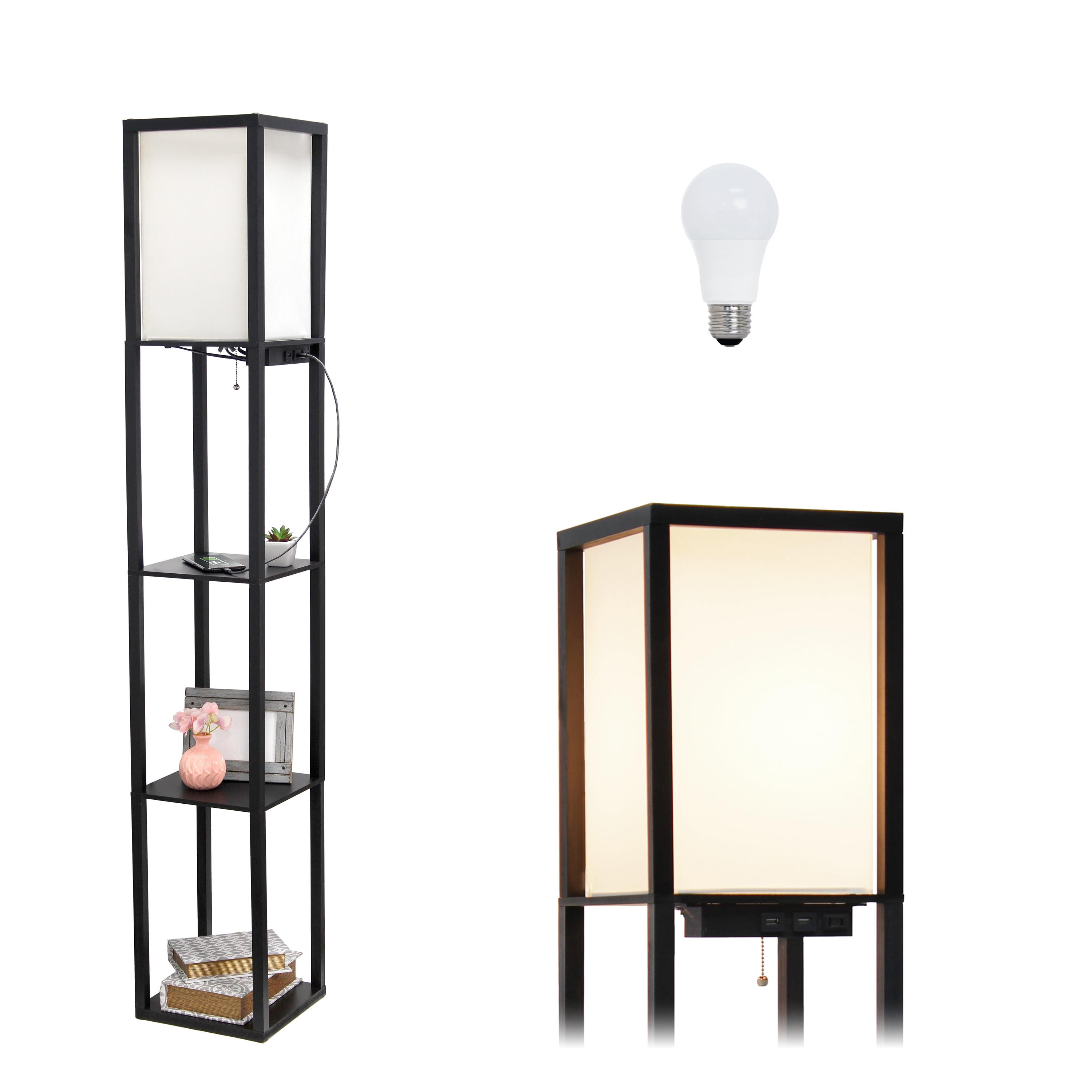 Black 62.5" Floor Shelf Lamp with Linen Shade and USB Ports