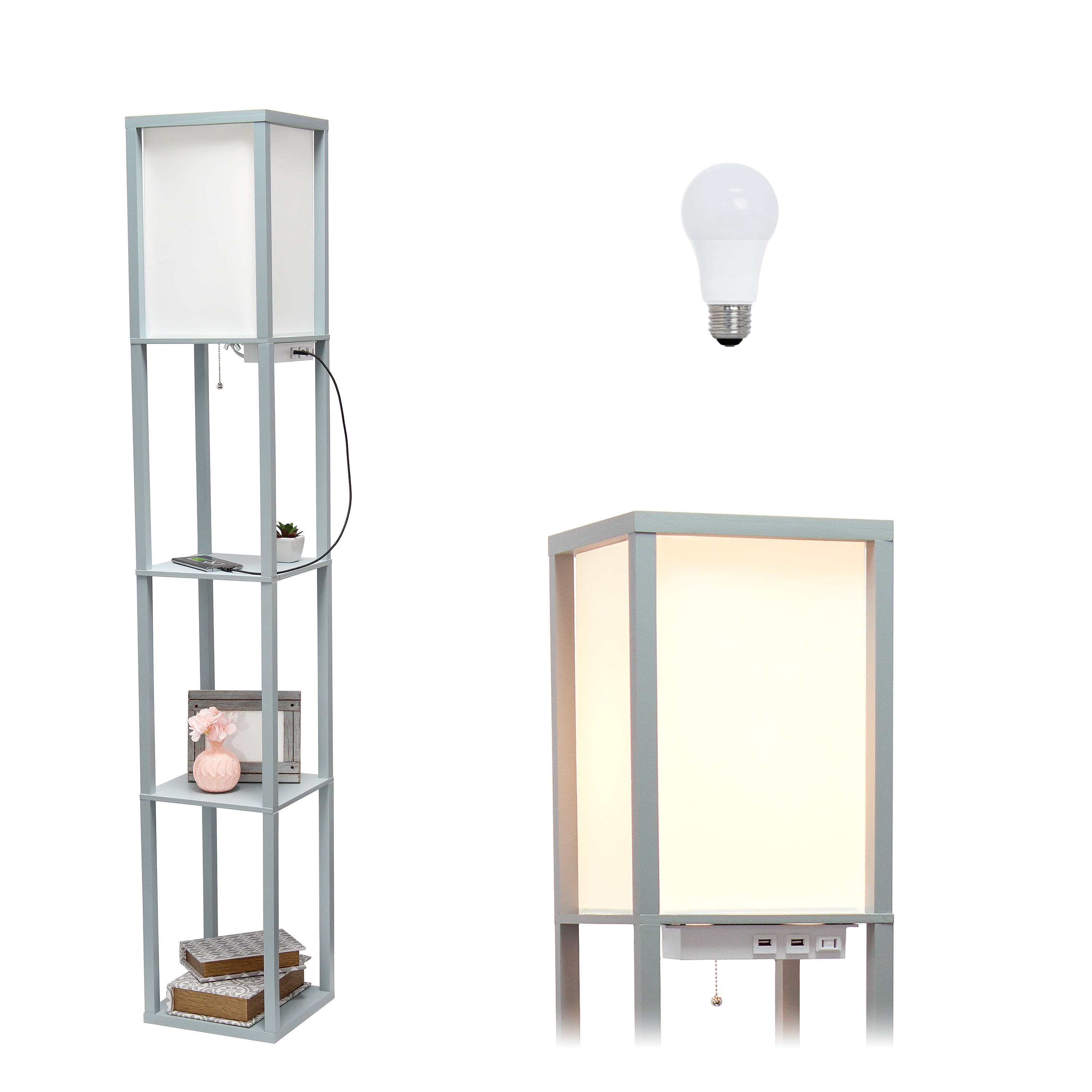 Gray 62.5" Floor Lamp with Linen Shade and USB Charging Ports