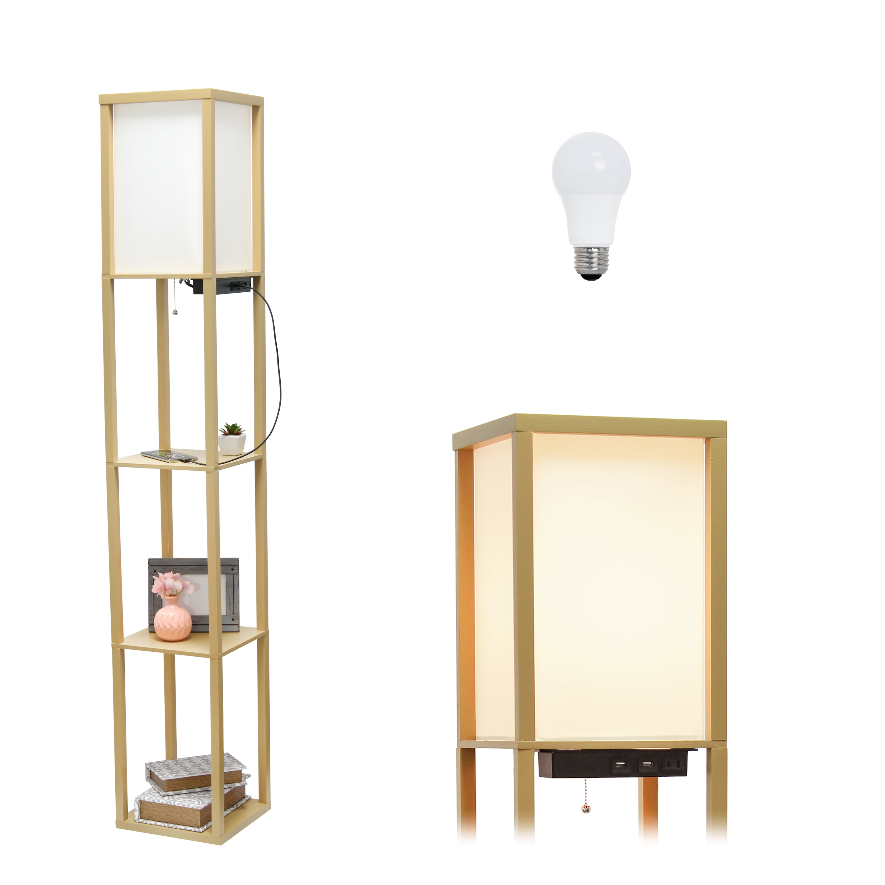 Simple Designs 62.5" 3-Shelf Etagere Floor Lamp with USB, Outlet & LED Bulb, Tan