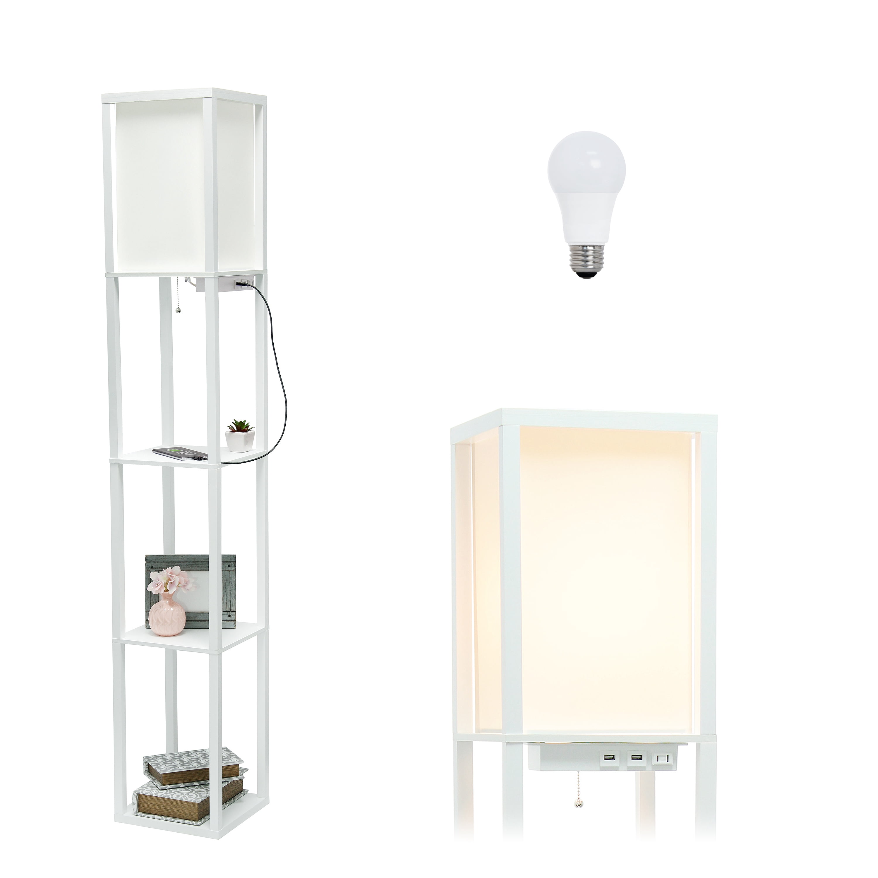 Simple Designs 62.5" 3-Shelf Etagere Floor Lamp with USB, Outlet & LED Bulb, White