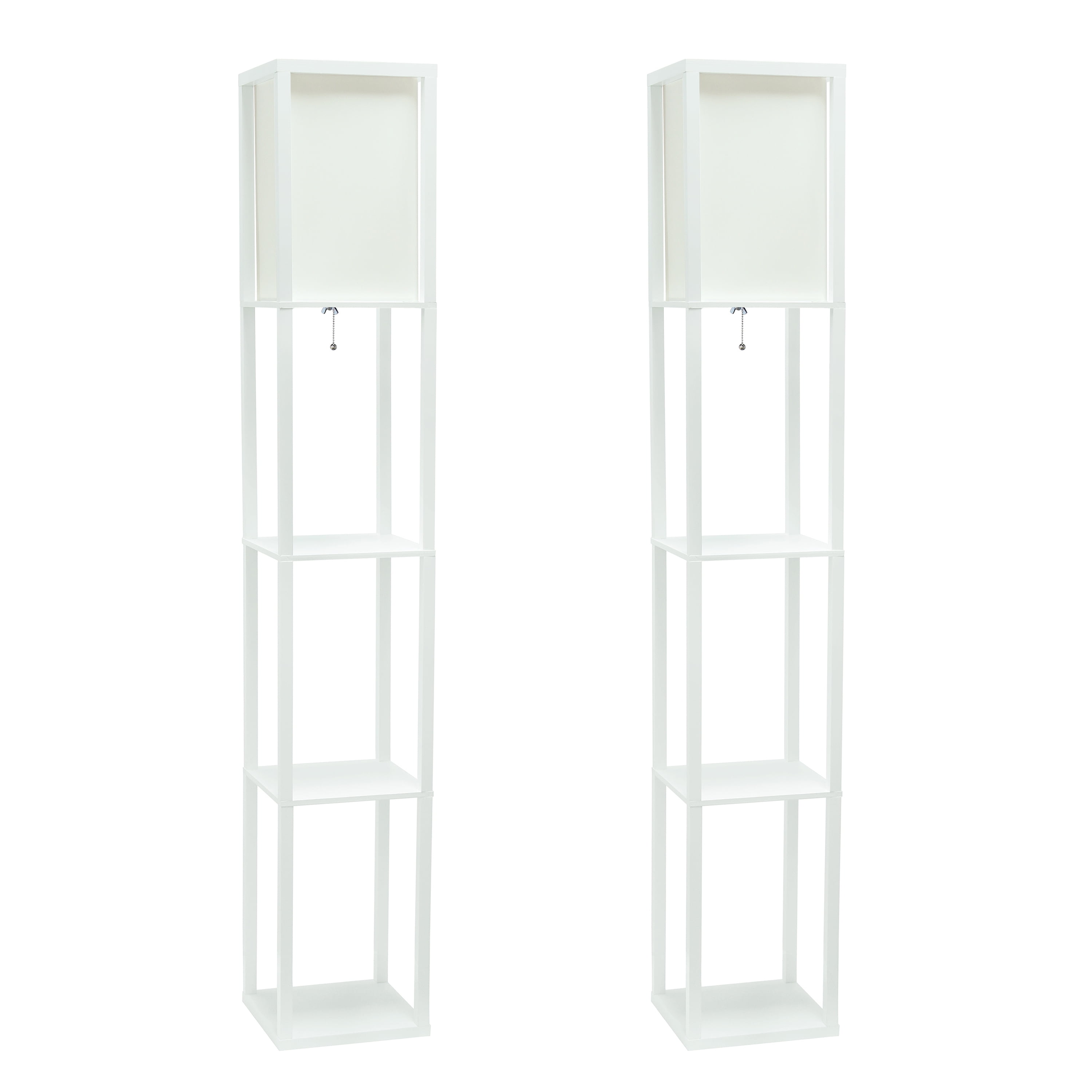 Simple Designs 62.5" Three Shelf Etagere Organizer Storage Floor Lamp 2 Pack Set with White Linen Shade for Living Room, Bedroom, Office, Hallway, White
