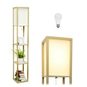 Simple Designs 62.5" Three Shelf Etagere Organizer Storage Floor Lamp with White Linen Shade for Living Room, Bedroom, Office, Hallway, Tan, With Feit LED Bulb Included