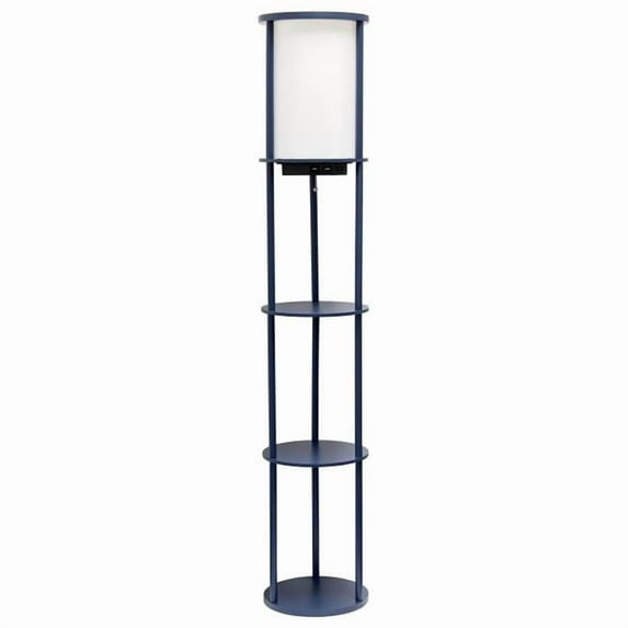 Simple Designs 62.5in. Round Modern Shelf Etagere Organizer Storage Floor Lamp with 2 USB Charging Ports, 1 Charging Outlet and Linen Shade for Living Room Bedroom Office, Navy